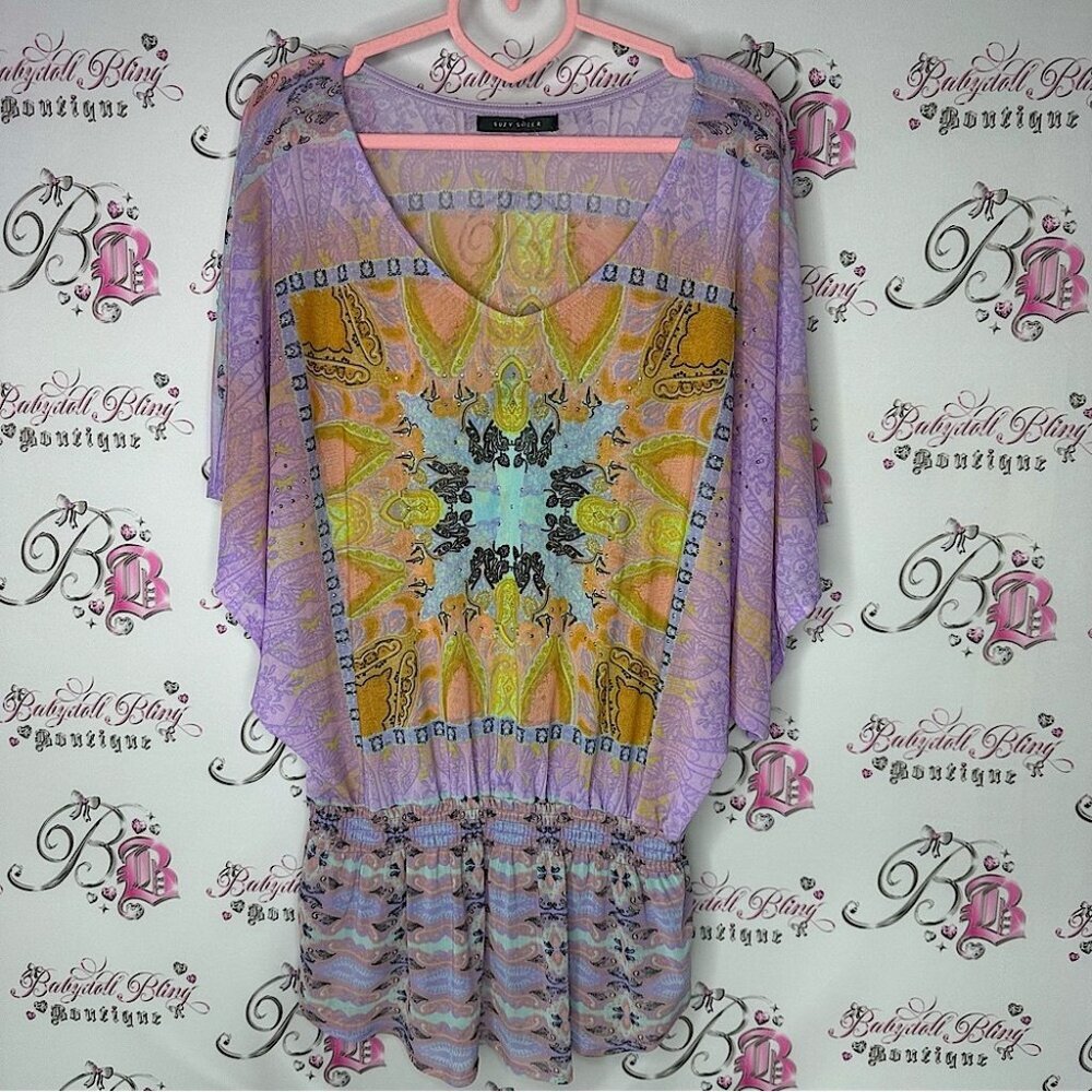 Suzy shier long top dress mesh purple yellow bling studded rhinestone cute